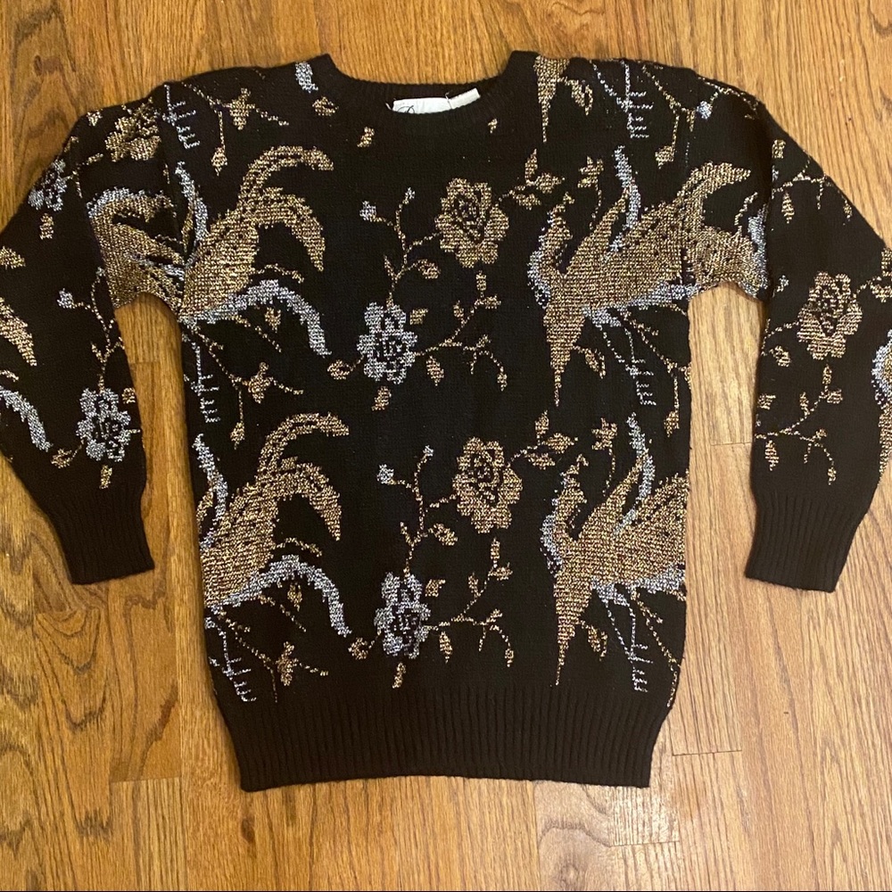 Vintage black sweater with gold metallic floral holiday sweater